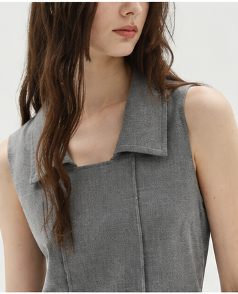 Gray collared sleeveless pleated midi dress