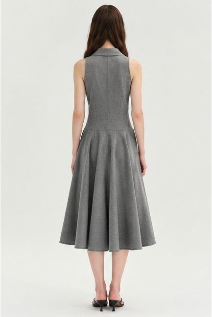 Gray collared sleeveless pleated midi dress